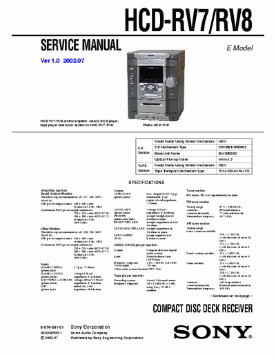 SONY HCD-RV7, RV8 SONY HCD-RV7, RV8
COMPACT DISC DECK RECEIVER.
SERVICE MANUAL VERSION 1.0 2002.07
PART#(9-874-091-01)